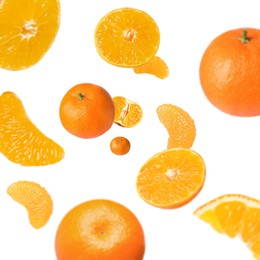 Image of Sweet tangerines whirling in air against white background