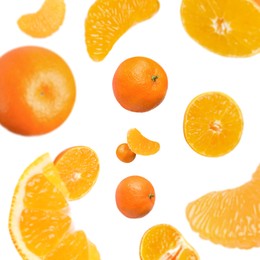Image of Sweet tangerines whirling in air against white background