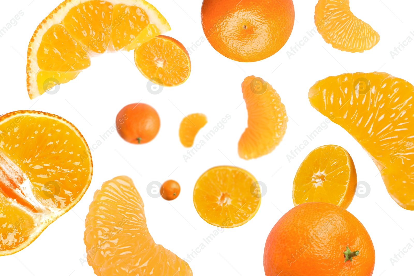 Image of Sweet tangerines whirling in air against white background