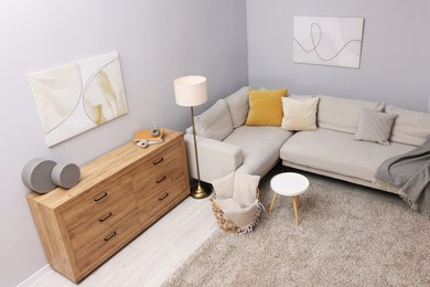 Photo of Contemporary furniture, lamp and decor in stylish living room, above view. Interior design
