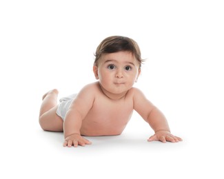 Photo of Cute little baby in diaper on white background