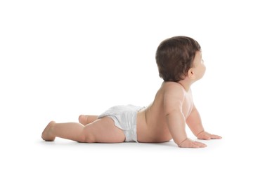 Photo of Cute little baby in diaper on white background