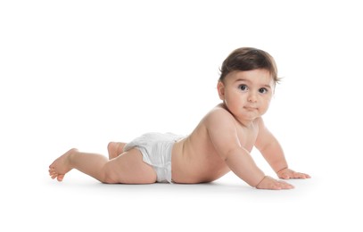 Photo of Cute little baby in diaper on white background