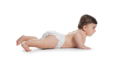 Photo of Cute little baby in diaper on white background