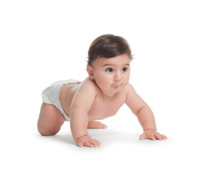 Photo of Cute little baby in diaper on white background