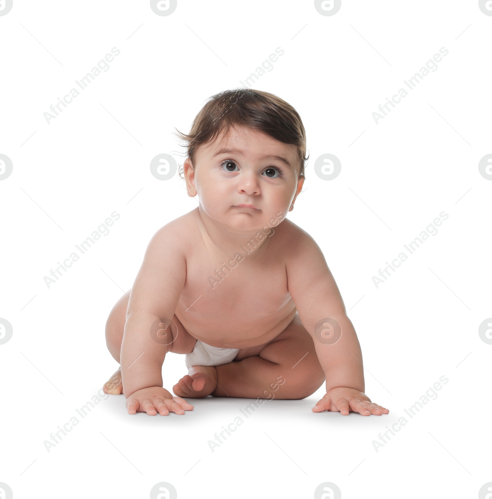 Photo of Cute little baby in diaper on white background