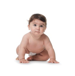 Photo of Cute little baby in diaper on white background