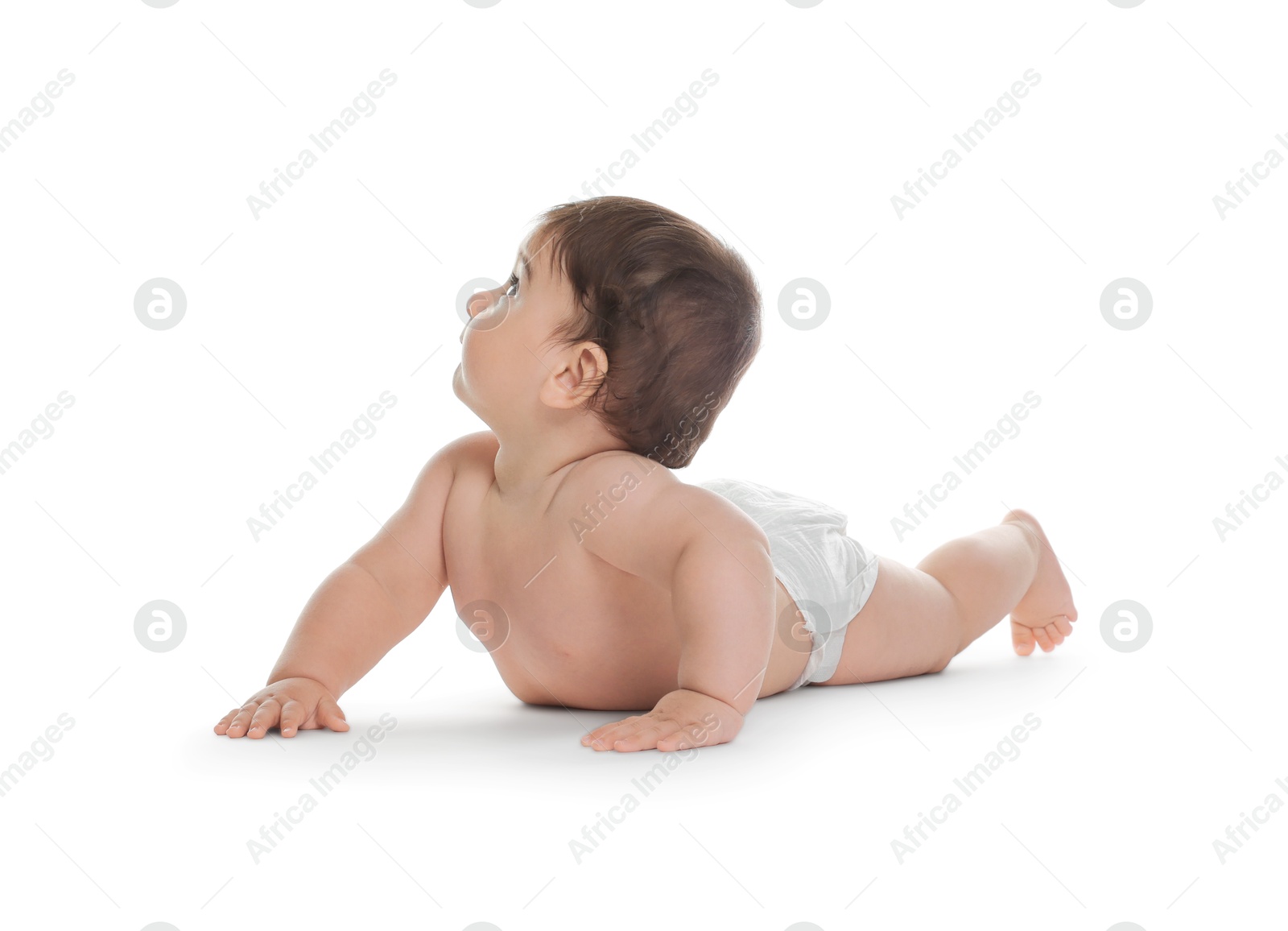 Photo of Cute little baby in diaper on white background