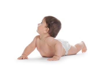 Photo of Cute little baby in diaper on white background