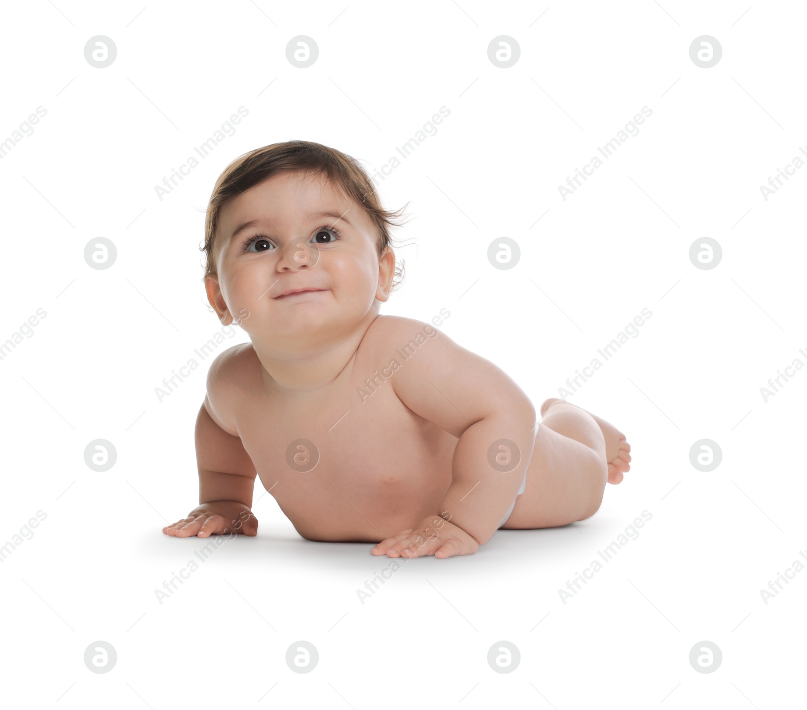 Photo of Cute little baby in diaper on white background
