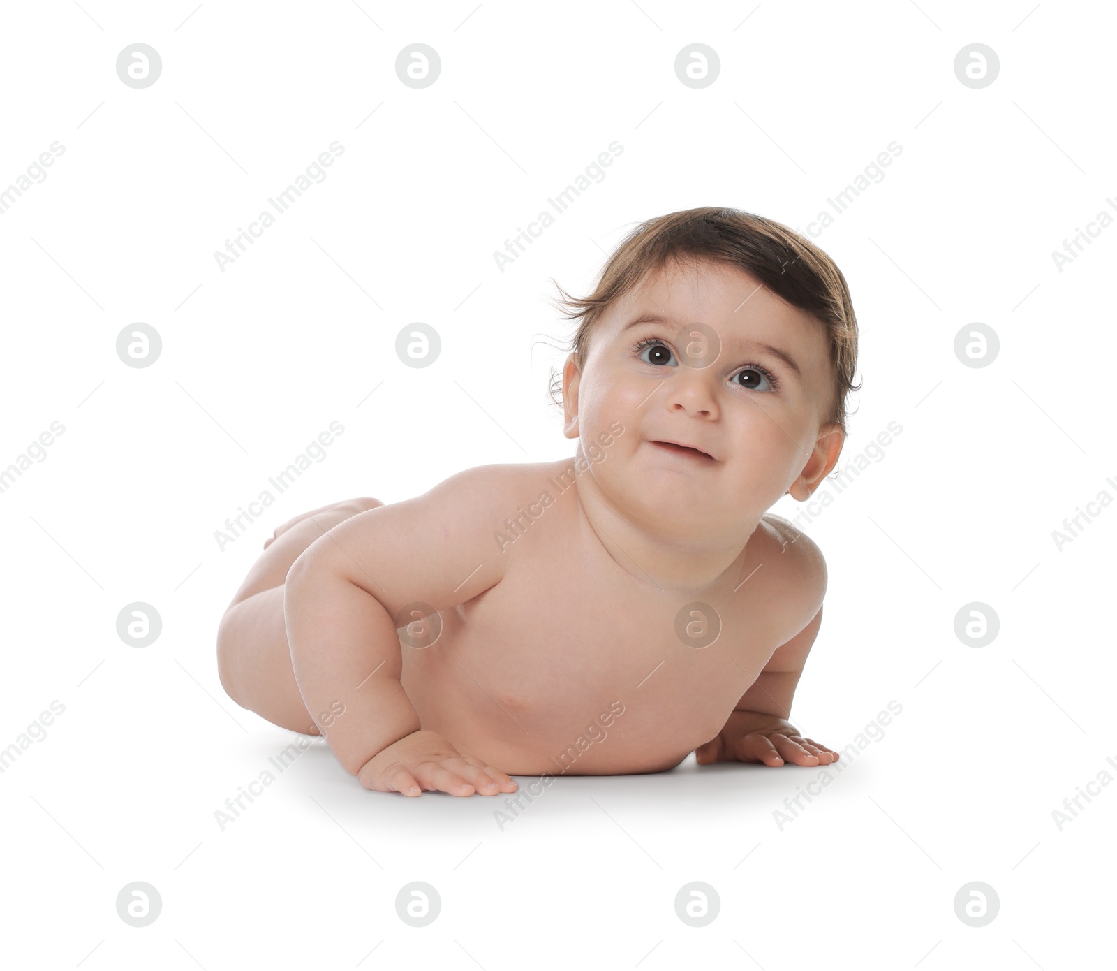Photo of Cute little baby crawling on white background
