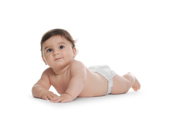 Photo of Cute little baby in diaper on white background
