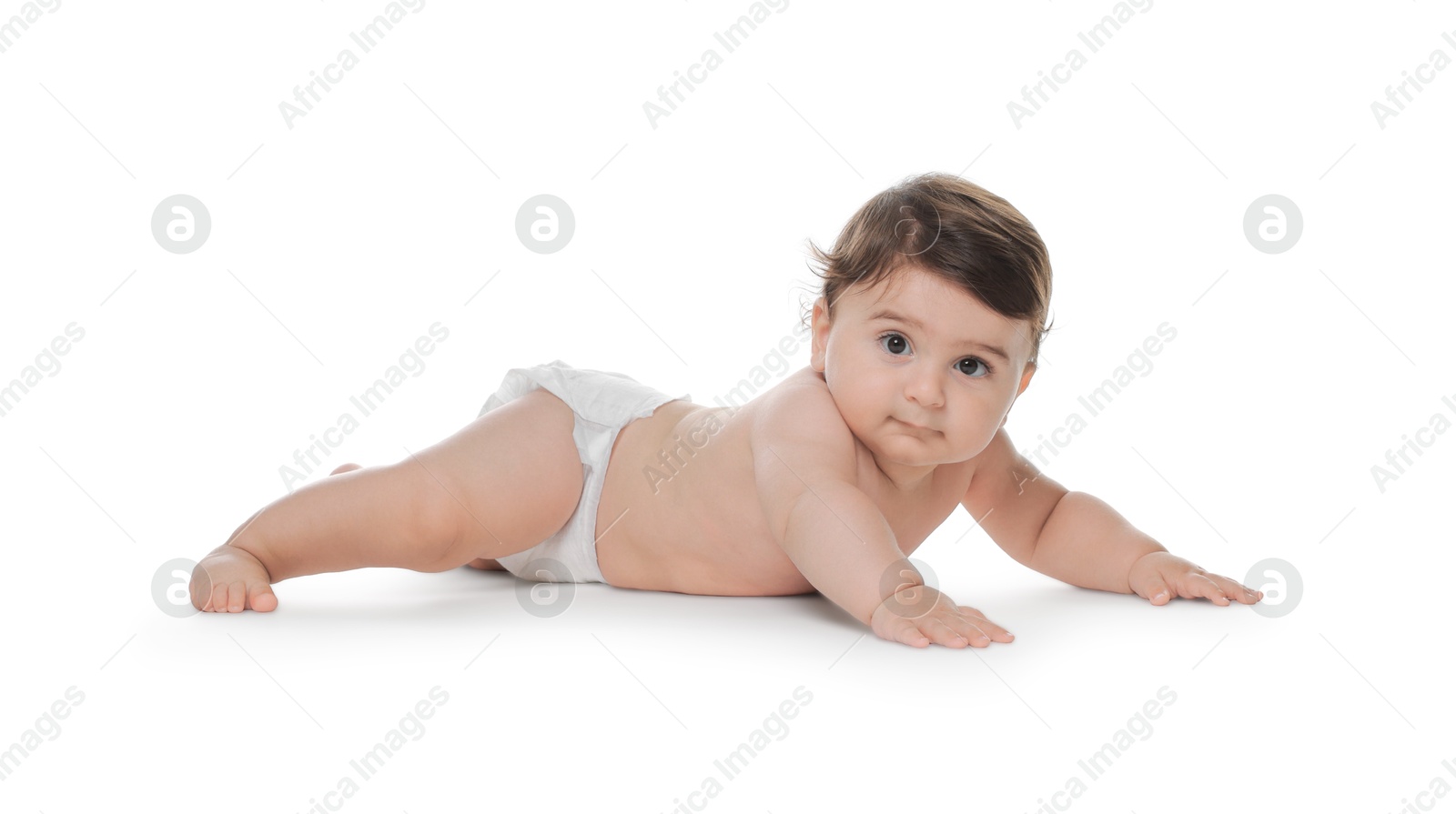 Photo of Cute little baby in diaper on white background