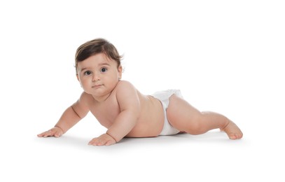 Photo of Cute little baby in diaper on white background
