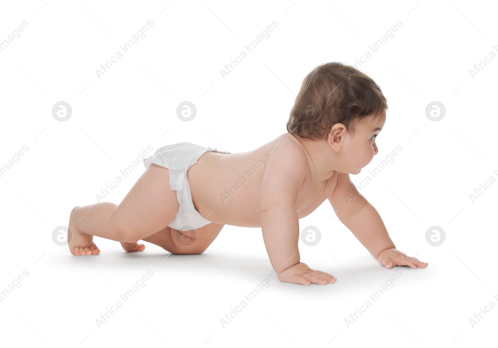 Photo of Cute little baby in diaper on white background