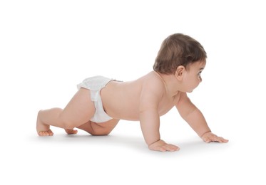 Photo of Cute little baby in diaper on white background