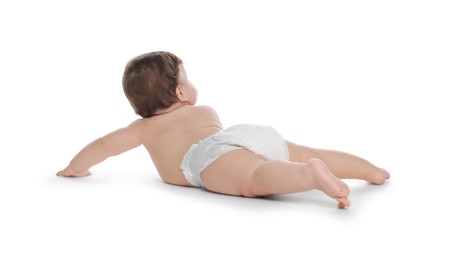 Photo of Cute little baby in diaper on white background