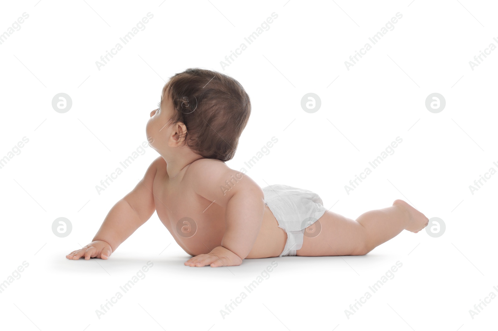 Photo of Cute little baby in diaper on white background