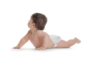 Photo of Cute little baby in diaper on white background