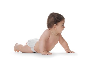 Photo of Cute little baby in diaper on white background