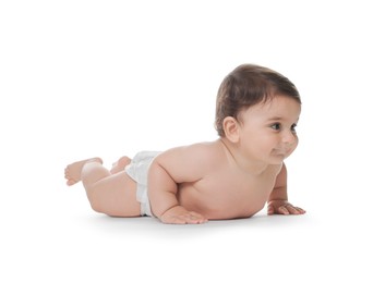 Photo of Cute little baby in diaper on white background