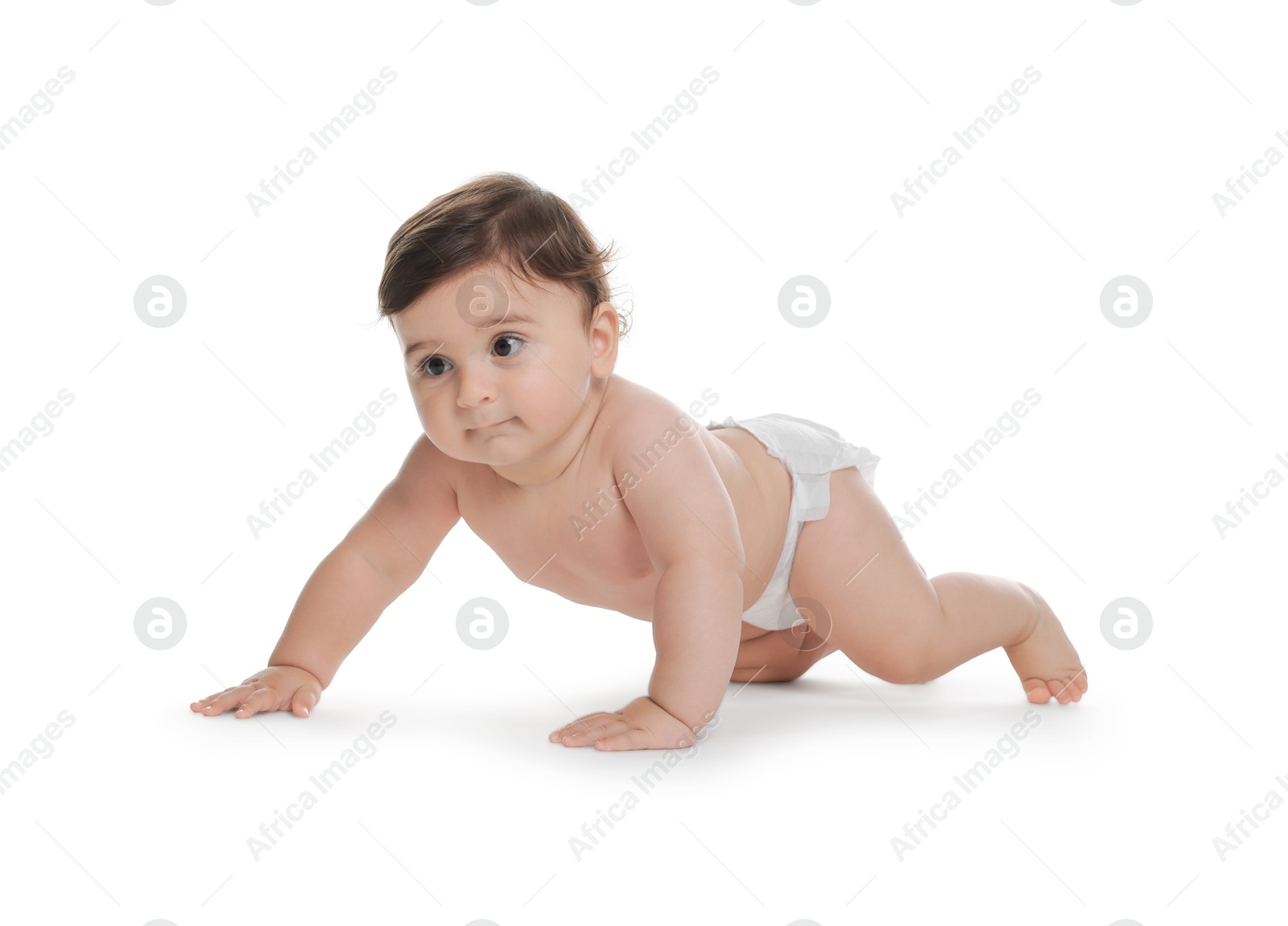 Photo of Cute little baby in diaper on white background