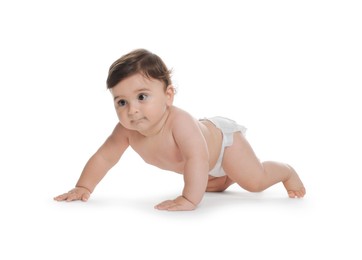 Photo of Cute little baby in diaper on white background