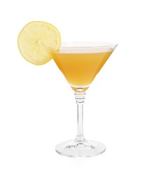 Photo of Tasty lemon cocktail in glass isolated on white