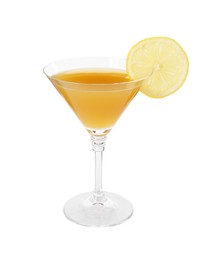 Photo of Tasty lemon cocktail in glass isolated on white