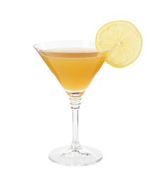 Photo of Tasty lemon cocktail in glass isolated on white
