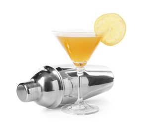 Photo of Tasty lemon cocktail in glass and metal shaker isolated on white