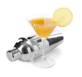 Photo of Tasty lemon cocktail in glass and metal shaker isolated on white