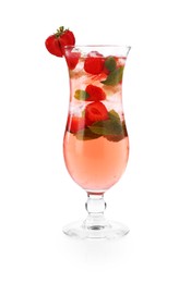Photo of Refreshing strawberry cocktail with mint in glass isolated on white