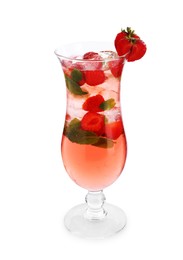 Photo of Refreshing strawberry cocktail with mint in glass isolated on white