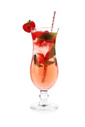 Photo of Refreshing strawberry cocktail with mint in glass isolated on white