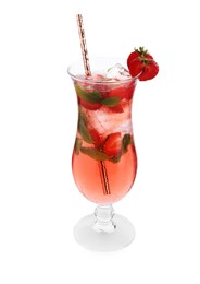 Photo of Refreshing strawberry cocktail with mint in glass isolated on white