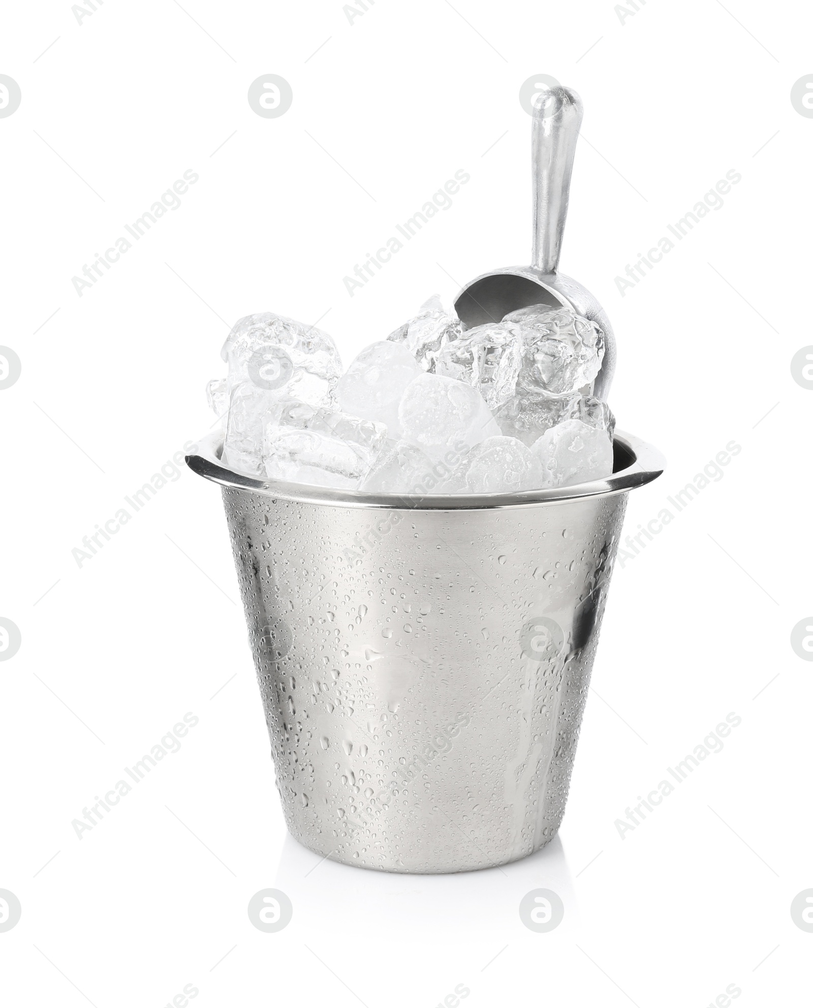 Photo of Ice and metal scoop in bucket isolated on white
