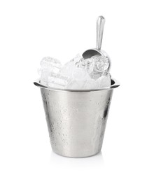 Photo of Ice and metal scoop in bucket isolated on white