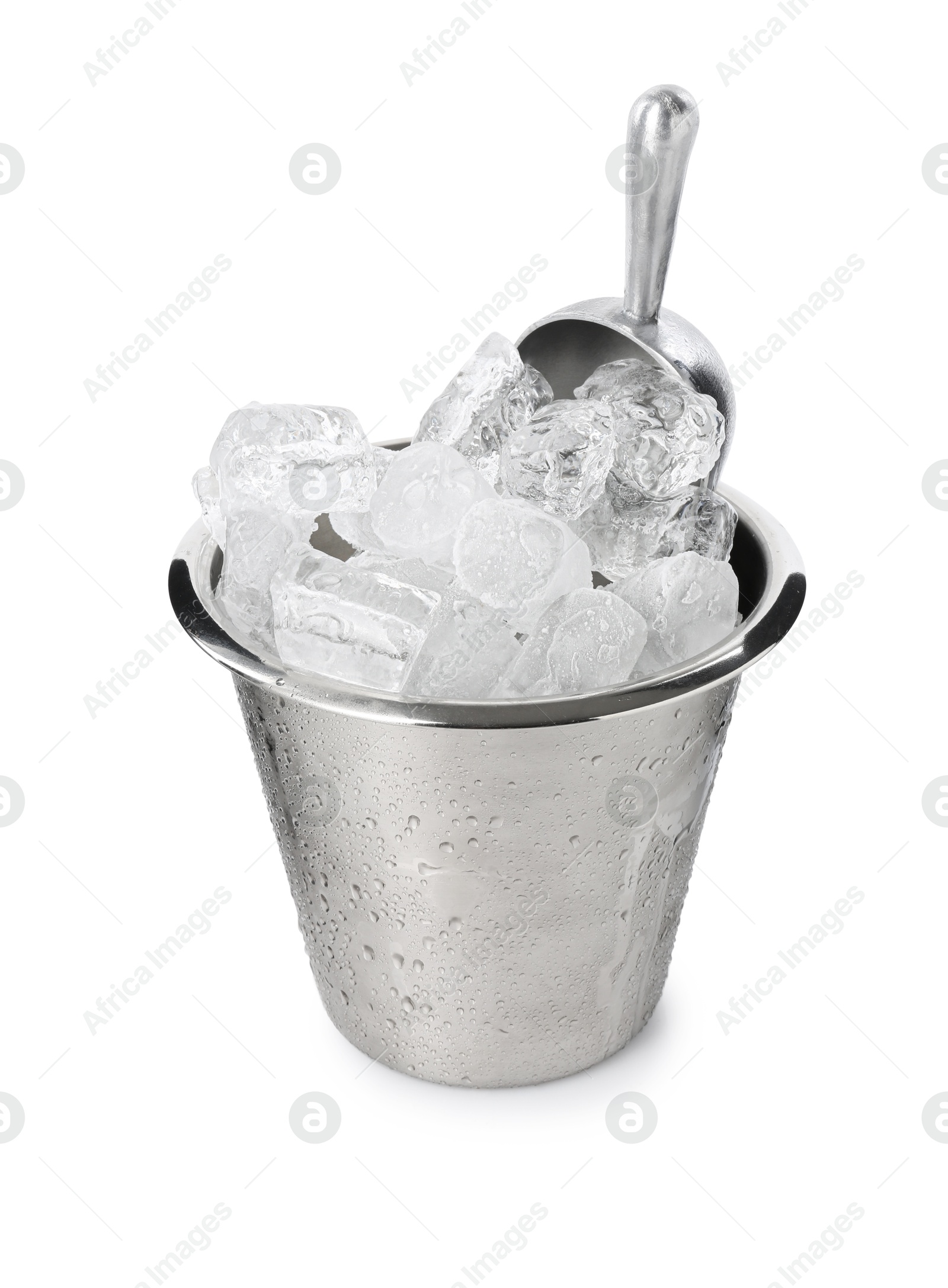 Photo of Ice and metal scoop in bucket isolated on white