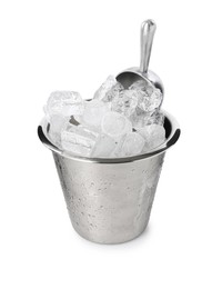 Photo of Ice and metal scoop in bucket isolated on white