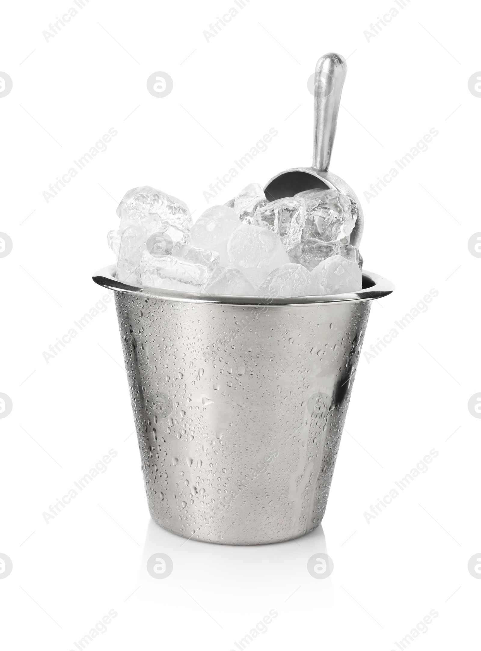 Photo of Ice and metal scoop in bucket isolated on white