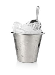 Photo of Ice and metal scoop in bucket isolated on white