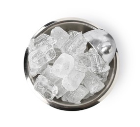Photo of Ice and metal scoop in bucket isolated on white, top view