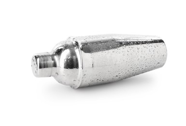 Photo of One metal cocktail shaker isolated on white