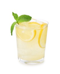 Photo of Tasty cocktail with lemon slices and mint in glass isolated on white