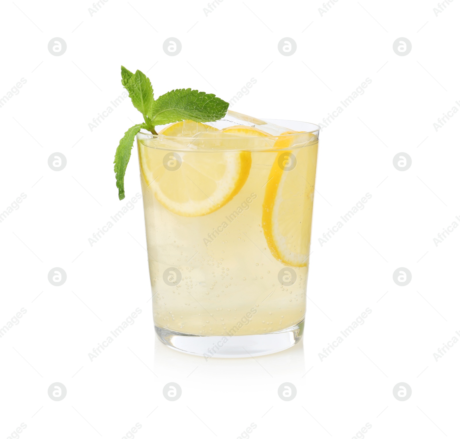 Tasty cocktail with lemon slices and mint in glass isolated on white Photo of Tasty cocktail with lemon slices and mint in glass isolated on white