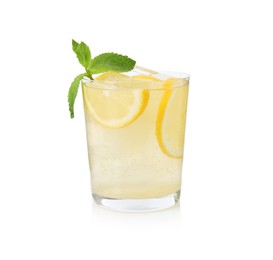 Photo of Tasty cocktail with lemon slices and mint in glass isolated on white