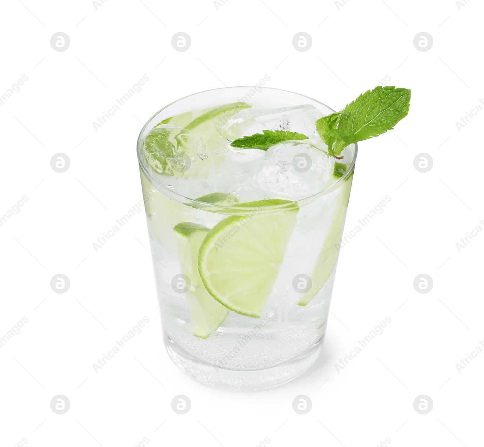 Tasty cocktail with lime slices and mint in glass isolated on white Photo of Tasty cocktail with lime slices and mint in glass isolated on white