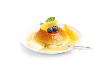 Photo of Tasty panna cotta with orange, blueberries and mint isolated on white