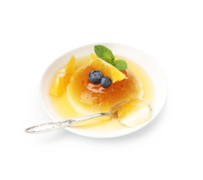 Photo of Tasty panna cotta with orange, blueberries and mint isolated on white
